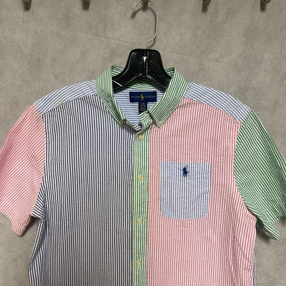 Ralph Lauren Shirt Boy's L (14-16) Hickory‎ Striped Seersucker Button Up Casual